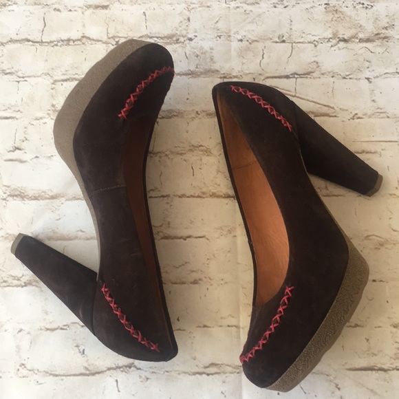 Anthropologie Shoes - Anthropologie Brown Suede Pink Stitching Heels